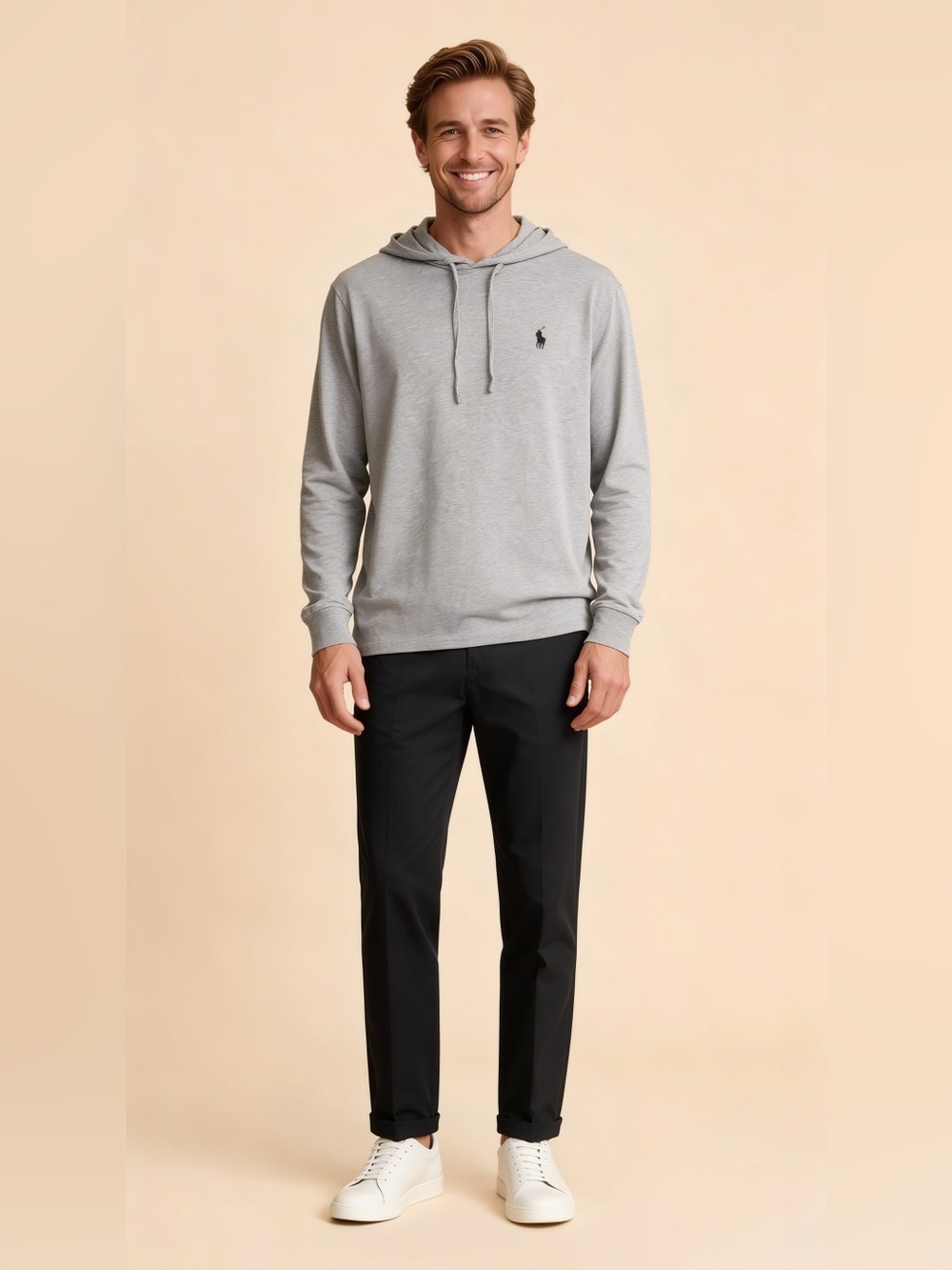 Ralph Lauren Light Gray Hooded Sweatshirt with Black Polo Logo